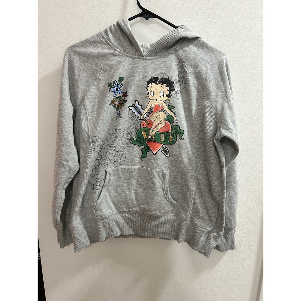 Betty Boop Graphic Hoodie Gray Heather Heart‎ Tattoo Print Sweatshirt XXL 19